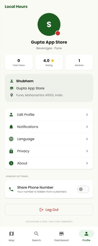 User profile screen in Local Hours app