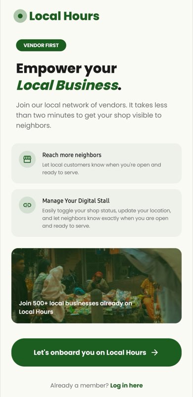 Local Hours vendor sign up screen
